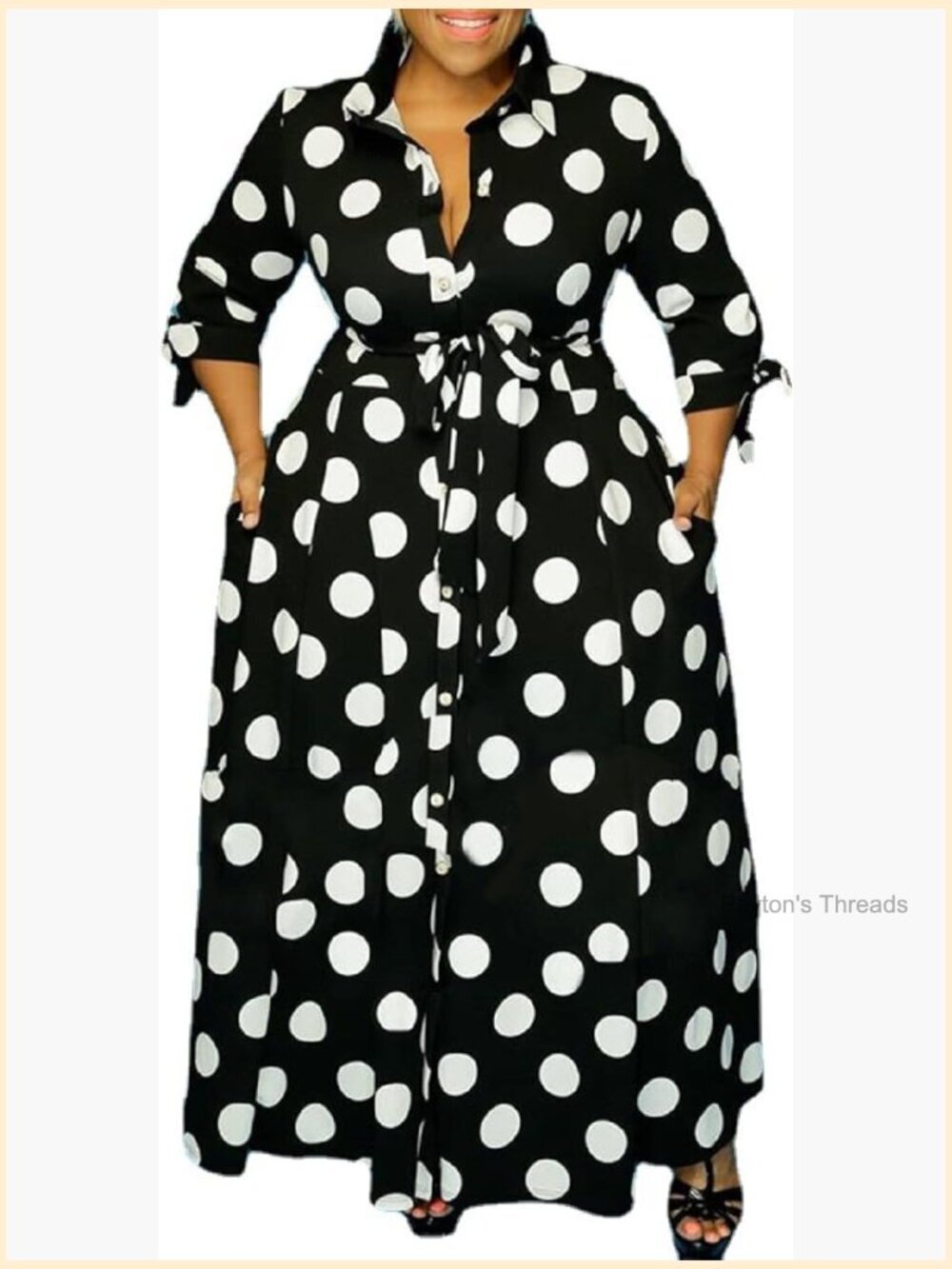 Plus Size Maxi Dress Long Sleeve Polka Dot Flowy Swing Dress with Pockets